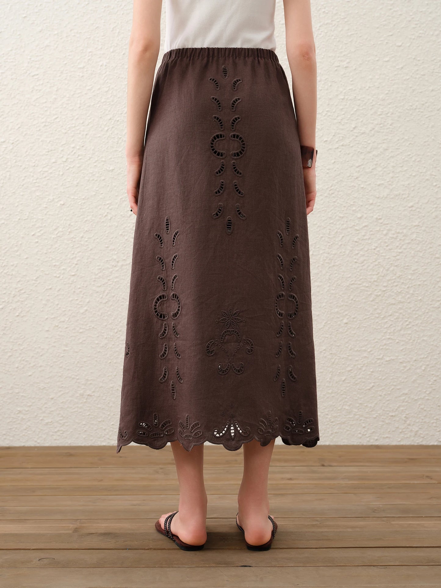 FSLE【Premium Series】Summer Women Linen Two Piece Set Cut-Out Embroidered Sleeveless Top Midi Skirt Boho Beach Vacation Style