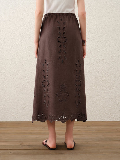 FSLE【Premium Series】Summer Women Linen Two Piece Set Cut-Out Embroidered Sleeveless Top Midi Skirt Boho Beach Vacation Style
