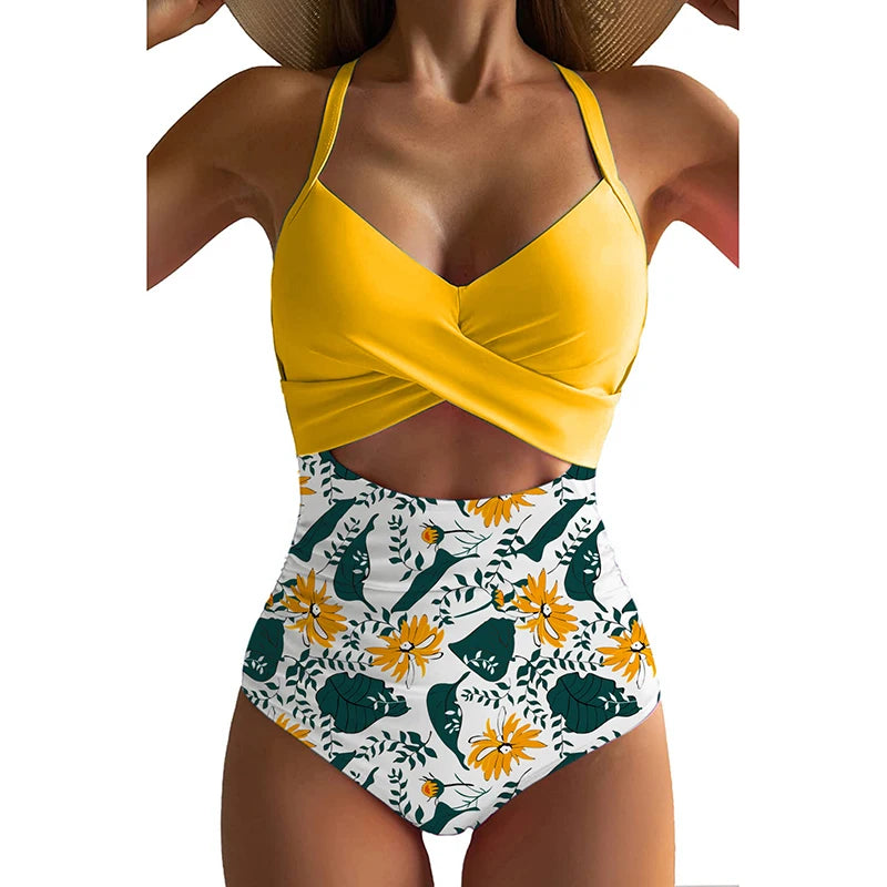 One Piece Women Set Swimsuit Print  Backless Puch Up Solid Sexy Women's Swimwear Bandage Ruched Female Bathing Suit Beachwear