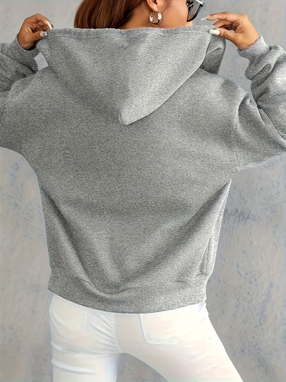 Women's Hoodie - Cozy Brown Zip-Up with White Print Casual Long Sleeve Sweatshirt  Drop Shoulder Design Relaxed Fit Winter W