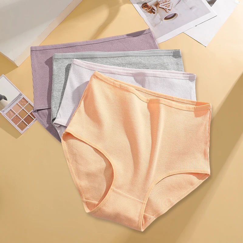 FINETOO 4 Pieces High Waist Women's Unicolor Seamless Panties Oversized Women's Underwears Solid Color S-XXL Cotton Pantys