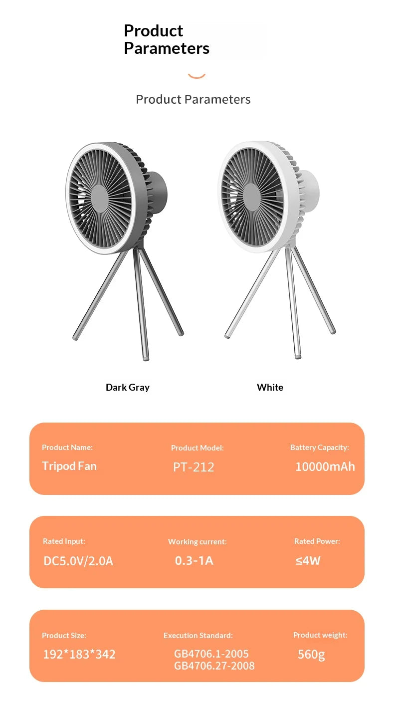 HOMEFISH Portable Rechargeable Camping Fan 4000mAh 10000mAh Wireless Ceiling Desktop Fan with Power Bank LED Light