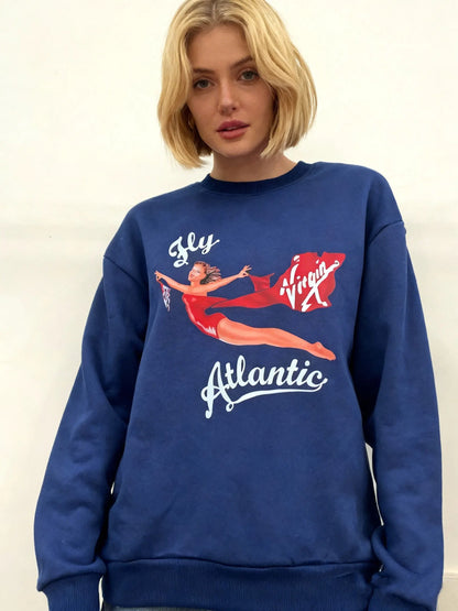 Fly Atlantic Princess Diana Sweatshirt Retro 80s Sporty Crewneck Winter Clothes Women Aesthetic Sweaters Casual Long Sleeve Tops