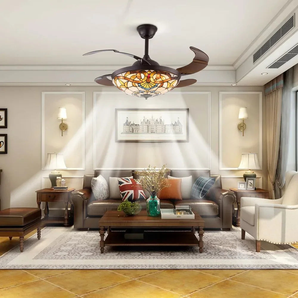 42 in Tiffany Style Ceiling Fan W/ Light, Remote Control, 3 Color Changing LED & 3 Speed Setting, Modern Fan for Living Room Use