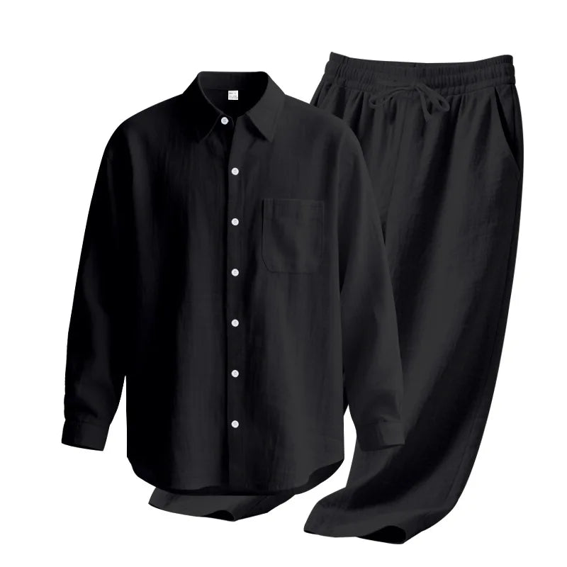 Men's Autumn Loose Trend Linen Solid Color Simple Lapel Long-Sleeved Shirt Beach Trousers Set