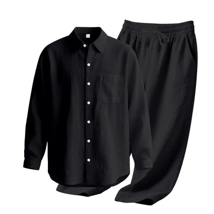 Men's Autumn Loose Trend Linen Solid Color Simple Lapel Long-Sleeved Shirt Beach Trousers Set