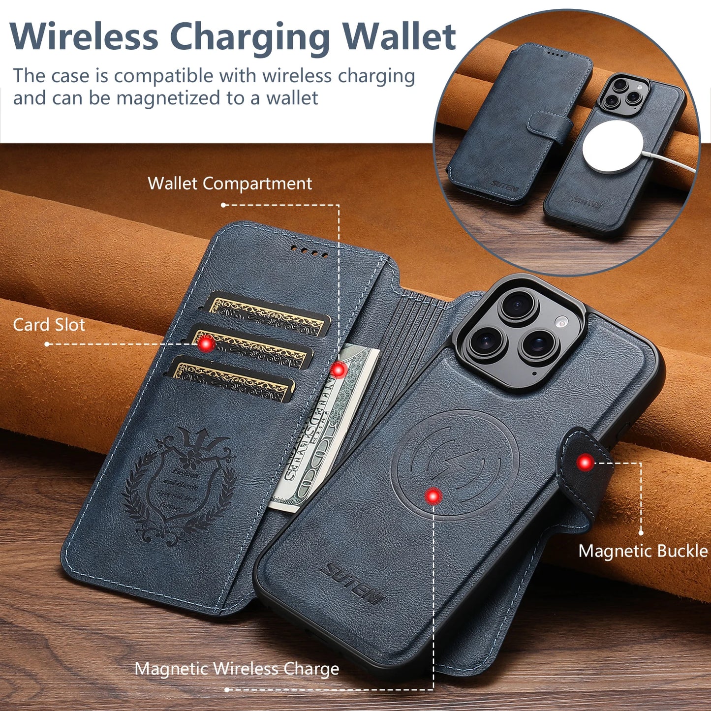 PU Leather Wireless Charging Card Holder Stand Wallet Magnetic Flip Cover Phone Case For iPhone 17 Pro Max 16 Plus 15 14 13 12