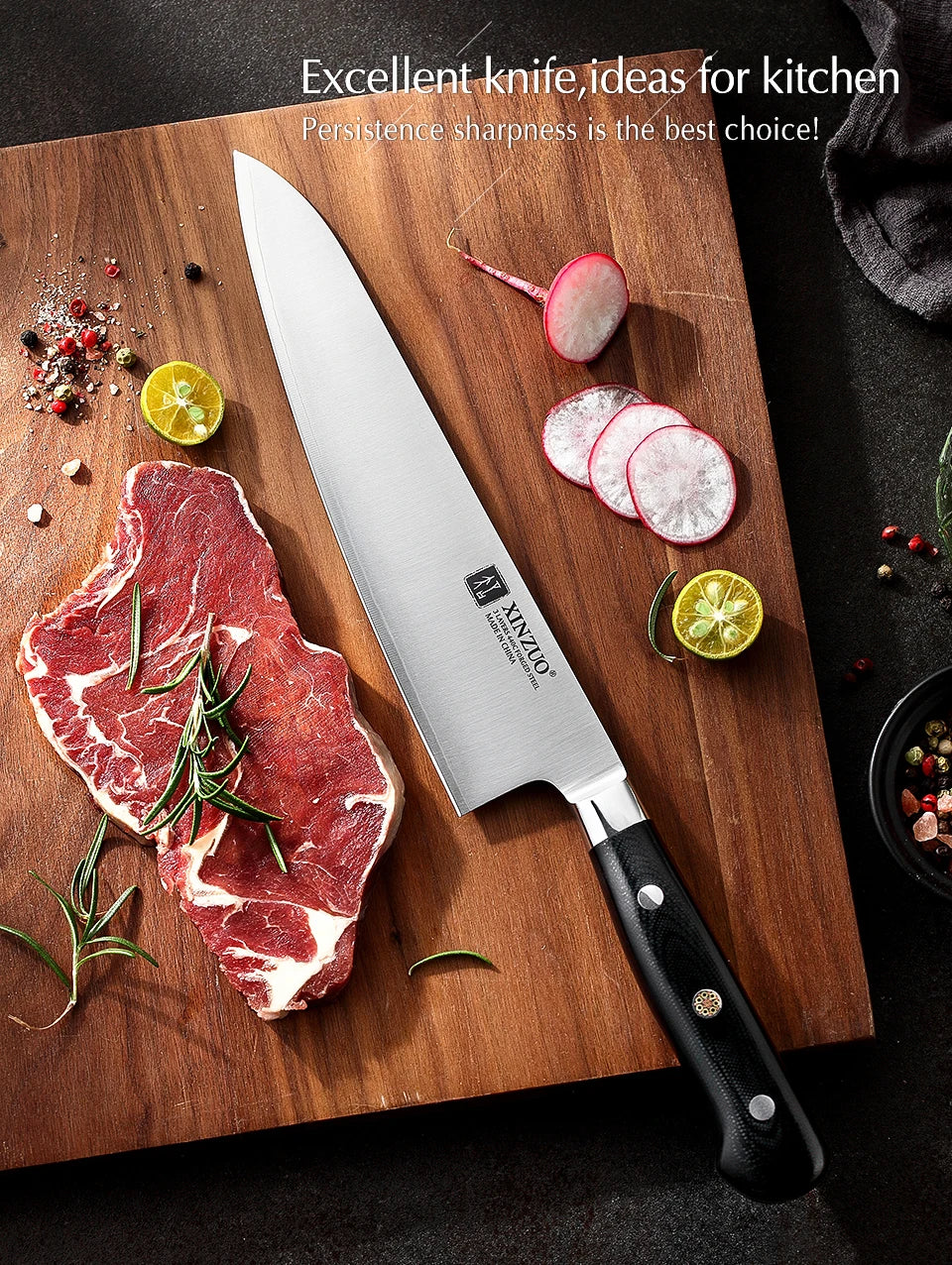 XINZUO 210mm Chef Knife - 3 Layer 440C Core Clad Steel Gyutou with G10 Handle