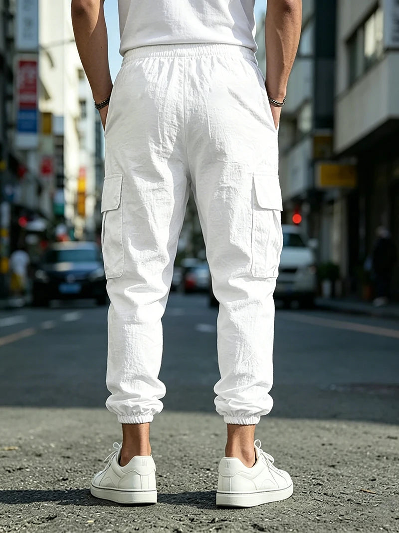 Men's Cotton Linen blend Cargo Jogger Pants Elastic Waist Drawstring Multi Pockets Casual Breathable Streetwear Trousers for Men