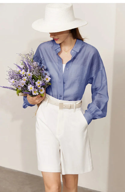 AMII Minimalist Blouse for Women 2023 Autumn Lantern Sleeve V-Neck Slightly Transparent Elegant Commuter Clothing Tops 72341030