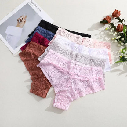 6pcs Women's Sexy Lace Breathable Panties Seamless High Waist Transparent G-String Solid Color Hollow Breathable Underwear S-XXL