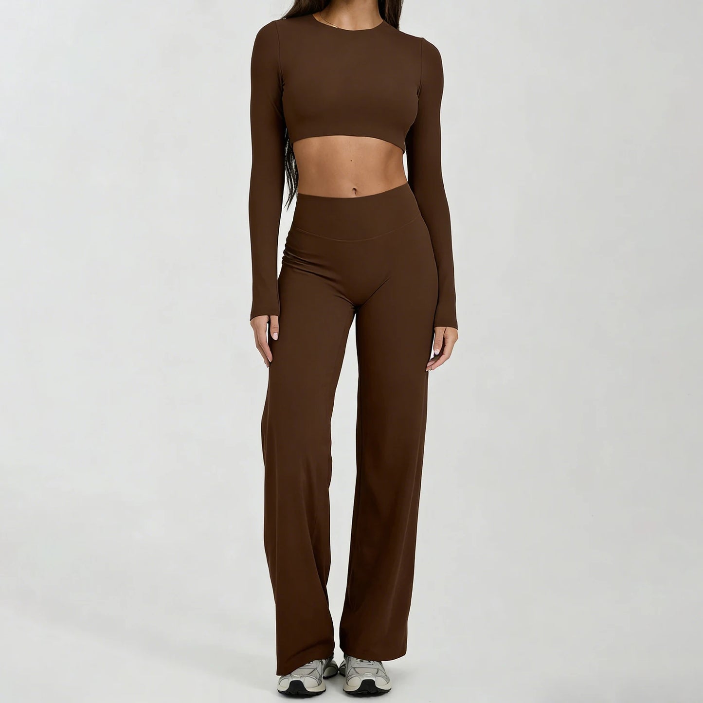 Running Sportswear Women 2 Piece Set Short Cropped Long Sleeve Top Straight Leg Yoga Pants Breathable Quick Dry Gym Suit