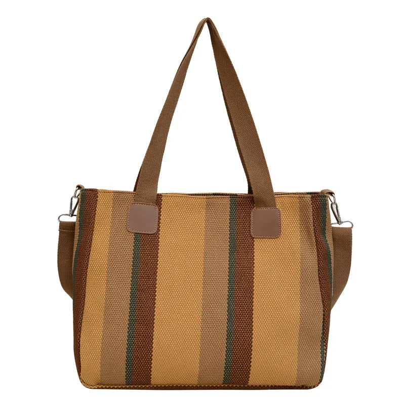 Striped Canvas Tote - Women's Crossbody Shoulder Bag With Zipper Closure, Versatile Daily Use
