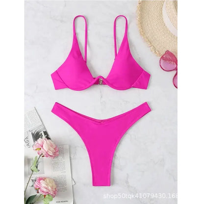 2026 Summer New Two Piece Women's Solid Color Sexy Bareback Bikini Split Swimsuit Bikini Set High Waist Beach Vacation