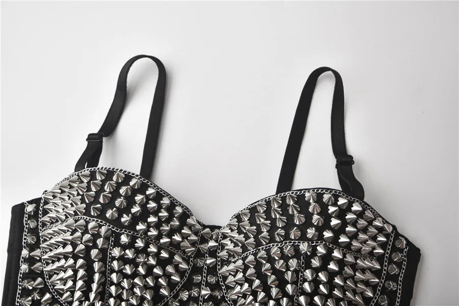 Silver Rivets Rave Rock Straps Push Up Bra For Women Hot And Sexy Bralette Top y2k Steampunk Brassiere Pole Dance Nightclub Wear