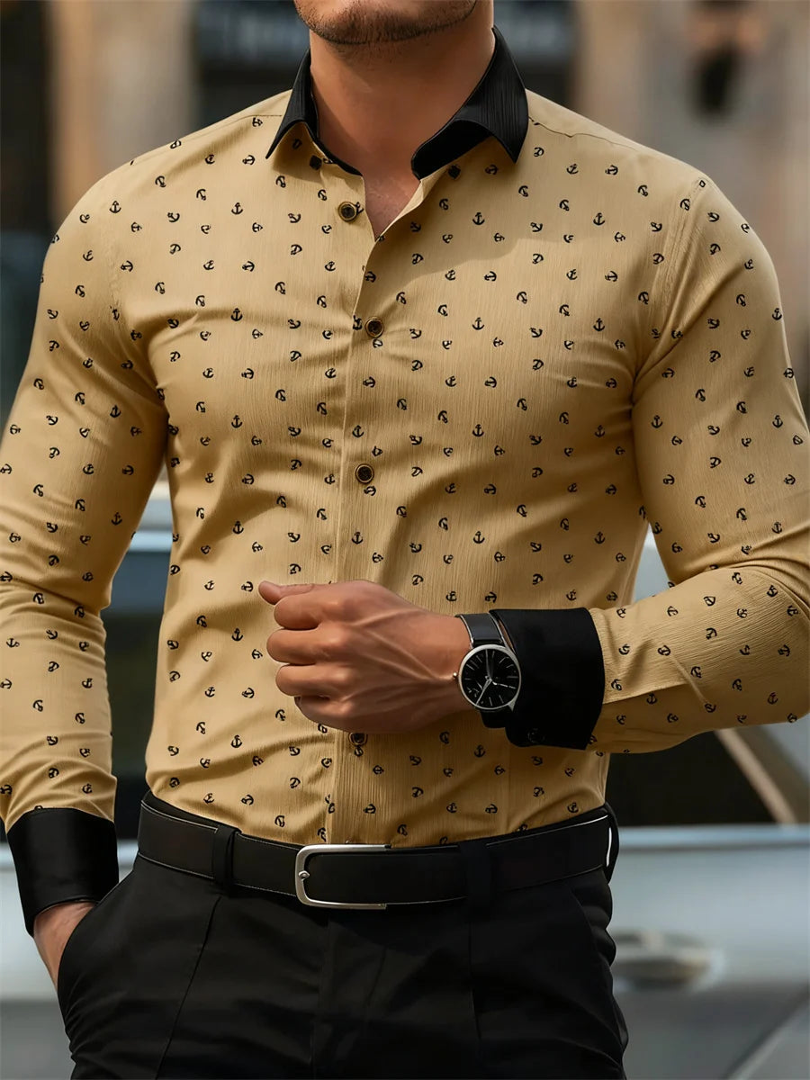 New Men's Fashion Anchor Print Contrast Color Lapel Long Sleeve Shirt Business Casual Slim Fit Non-iron Versatile Shirt XS-6XL
