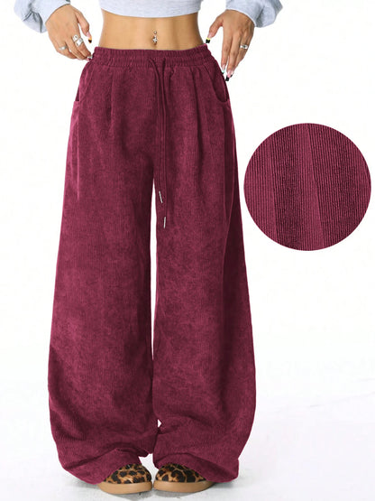 Women's Retro Corduroy Cargo Pants Casual Drawstring Straight Sports Pants Drape Daily Commuting Wide Leg Pants