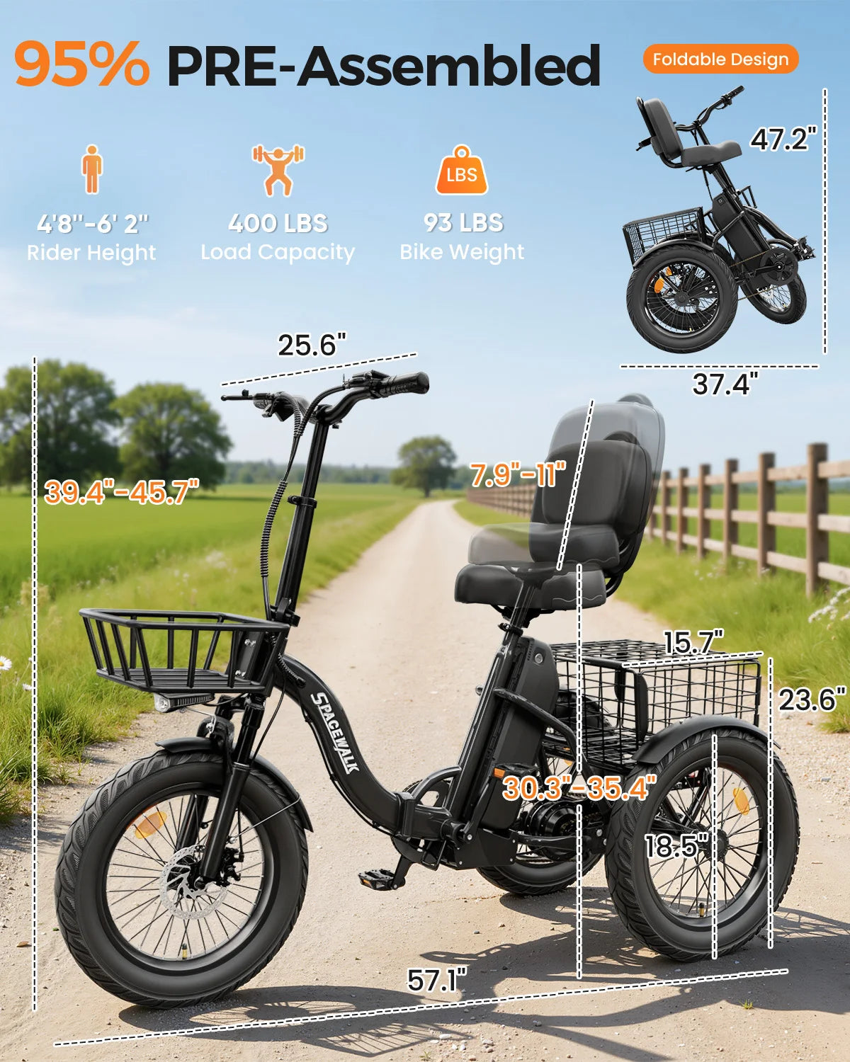 Spacewalk 1200W Peak Electric Trike for Adults, 48V 15Ah Battery 3 Wheel Electric Bike with 60 Miles Range, 18×3.0 Fat Tires, Dual Disc Brakes, Rear Cargo Basket, Adjustable Comfort Seat, Folding E Tricycle for Seniors-Black
