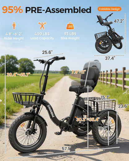 Spacewalk 1200W Peak Electric Trike for Adults, 48V 15Ah Battery 3 Wheel Electric Bike with 60 Miles Range, 18×3.0 Fat Tires, Dual Disc Brakes, Rear Cargo Basket, Adjustable Comfort Seat, Folding E Tricycle for Seniors-Black