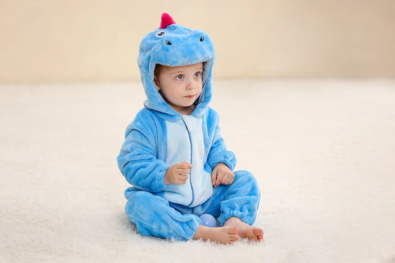 Baby Winter Rompers - Soft Polyester Hooded Jumpsuit With Animal Pattern, Machine Washable