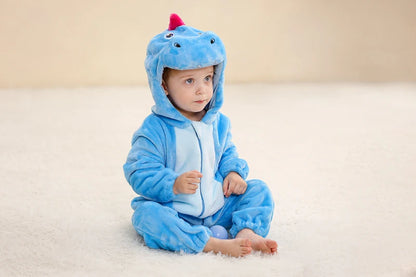 Baby Winter Rompers - Soft Polyester Hooded Jumpsuit With Animal Pattern, Machine Washable