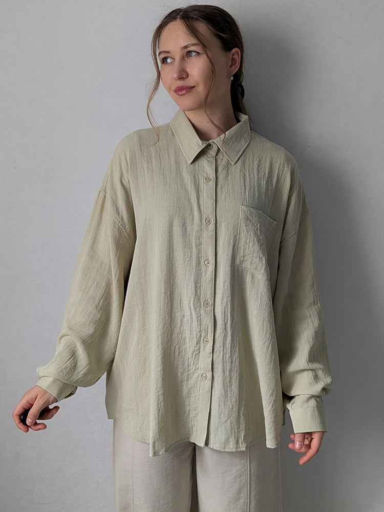 Summer Blue Linen Shirts For Women Oversized Long Sleeve Tops Green Shirt Woman Work Basic Linen Tops Women White Shirts Ladies