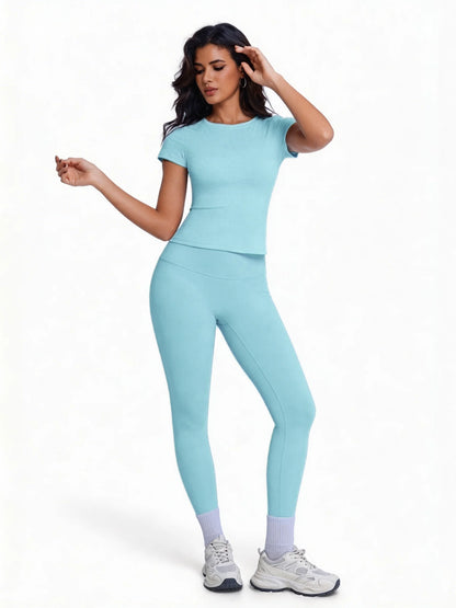 Women's 2 Piece Workout Set, Ultra-Soft Short Sleeve T-Shirt & High Waist Leggings, Seamless Butt Lifting Yoga Outfit for Gym, R