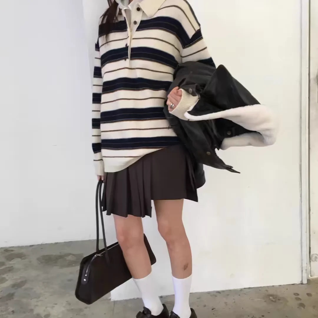 Retro Korean Style Striped Loose Fit Long Sleeve Knitwear Casual Comfortable Warm Collared Sweater for Women Spring Autumn Wi...