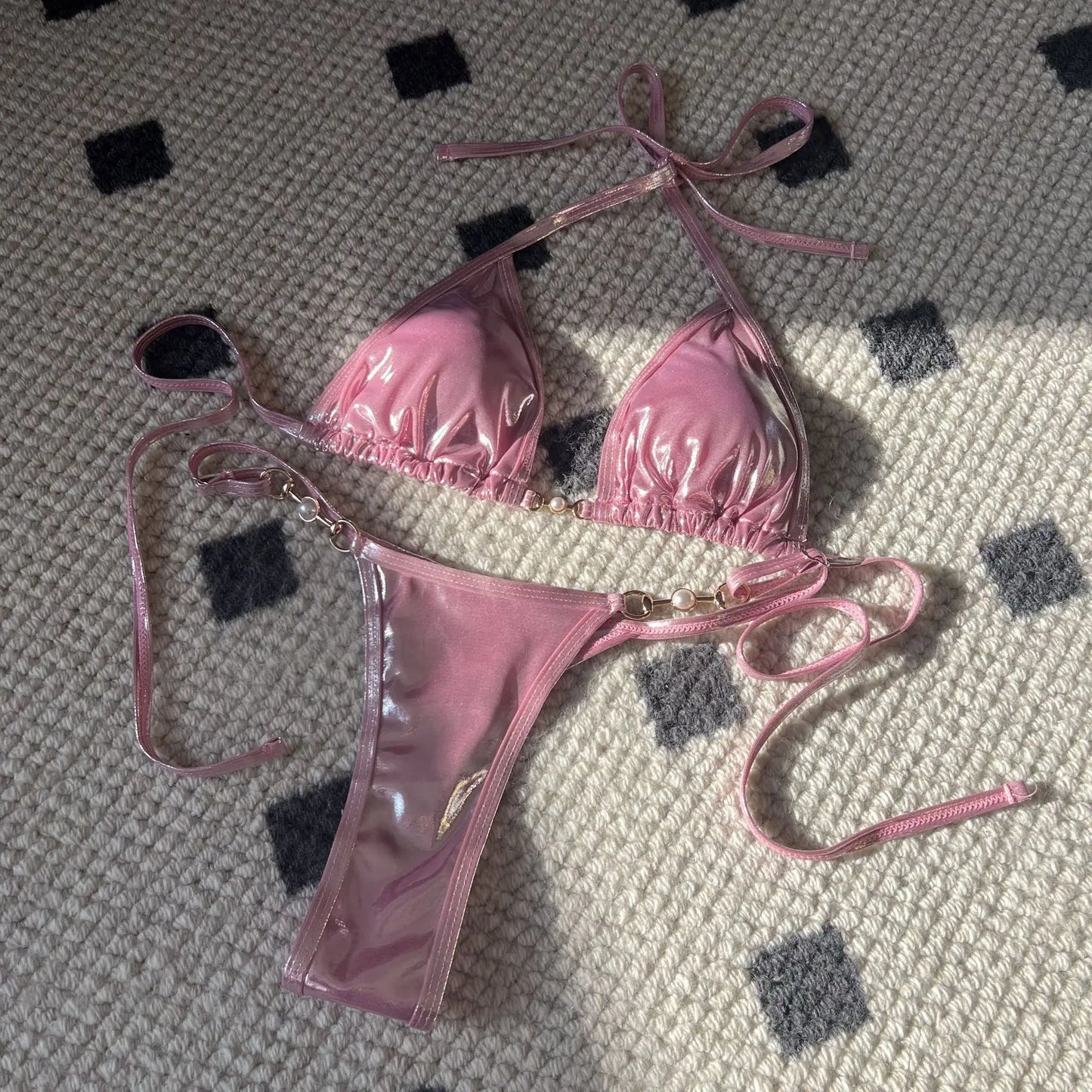 Shiny Pink Micro Bikini 2025 Mujer Women Sexy PU Pearls Push Up Thong Swimsuit Summer Bathing Suit Bandage Holiday Swimwear