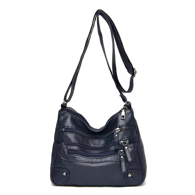 Soft Leather Shoulder Bag - Women's Crossbody Double Layered Large Capacity Tote