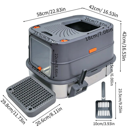 Extra Large Stainless Steel Cat Litter Box with Lid - High Wall Metal Tray for Big Cats - ZOOMNSTORE