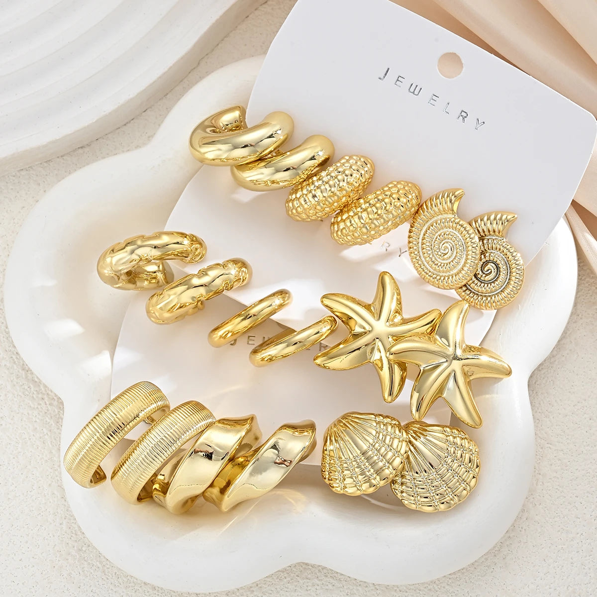 18-Piece Ocean Earring Set – Gold Starfish, Shell & Conch Hoops