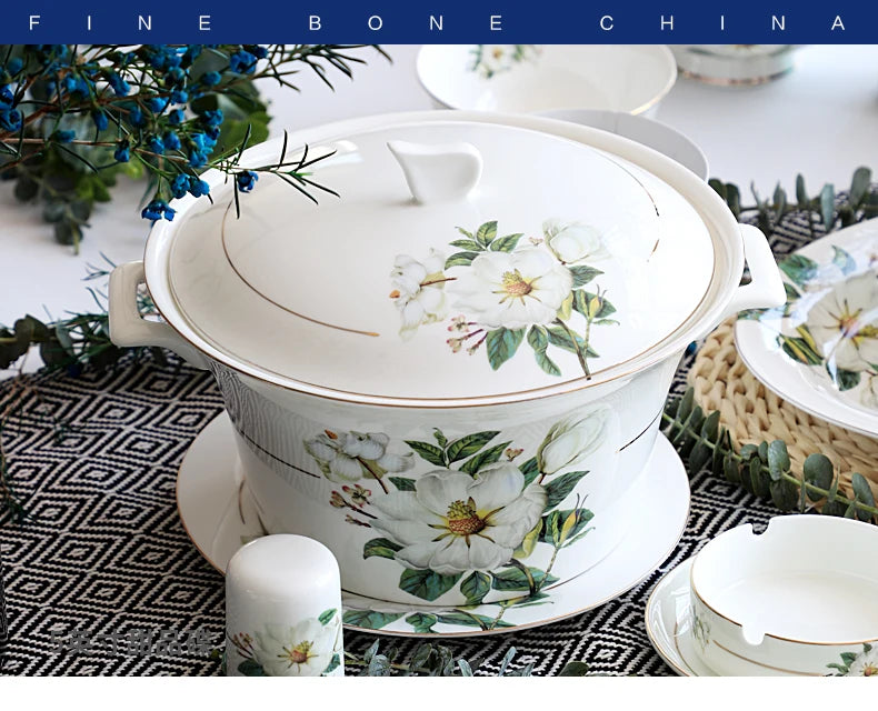 Bone China Dinnerware Set - Floral Ceramic Plates Bowls  Soup Pots