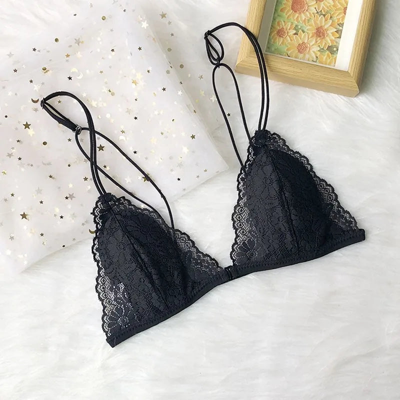 French Underwear Women's Front Buckle Triangle Cup Thin Strap Beautiful Back Thin Style Lace Summer Sexy Pure Bra for Women