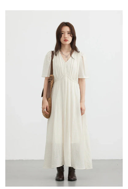Vintage V-Neck Dress – Women Summer Fashion | White Puff Sleeve, Loose Ankle-Length