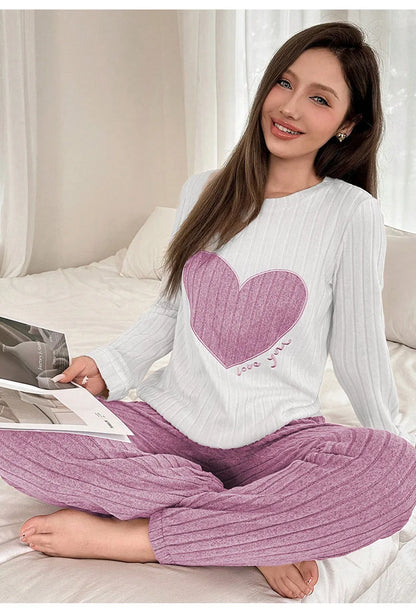 Autumn and Winter Warm Pajama Set for Women Casual and Comfortable Heart Shaped Printed Cute Set Home Clothes New Style Hot