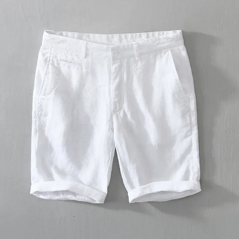 Linen Beach Shorts Mid Waist Men’s Summer Casual Business Straight Fit Pants
