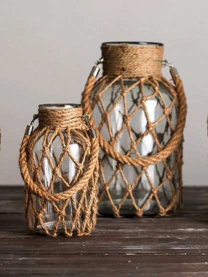 Hand Woven Hemp Rope Glass Vase - Boho Nordic Dry Flower Decor