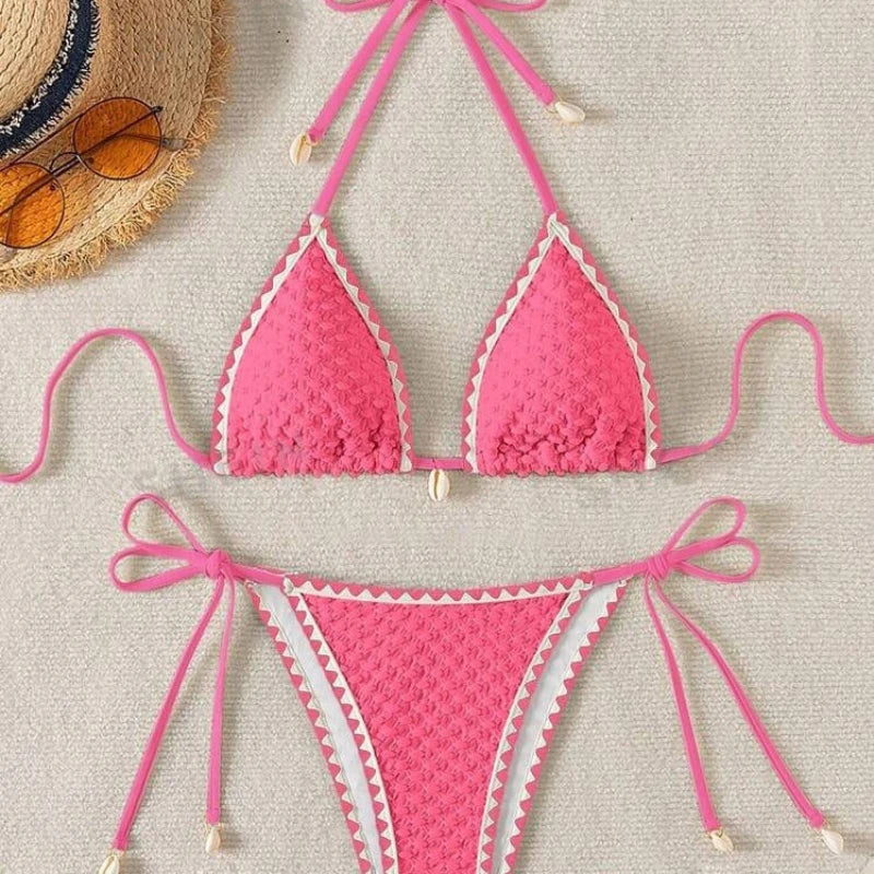 Halter Bikini Set - Wrinkled Weave Polyester Swimwear With Push Up Support