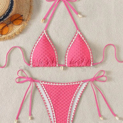 Halter Bikini Set - Wrinkled Weave Polyester Swimwear With Push Up Support