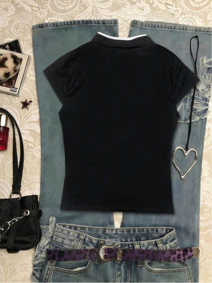 Women's Casual Daily Fashion Black Embellished Frog Button Fitted Cheongsam Style Crop Top 2026