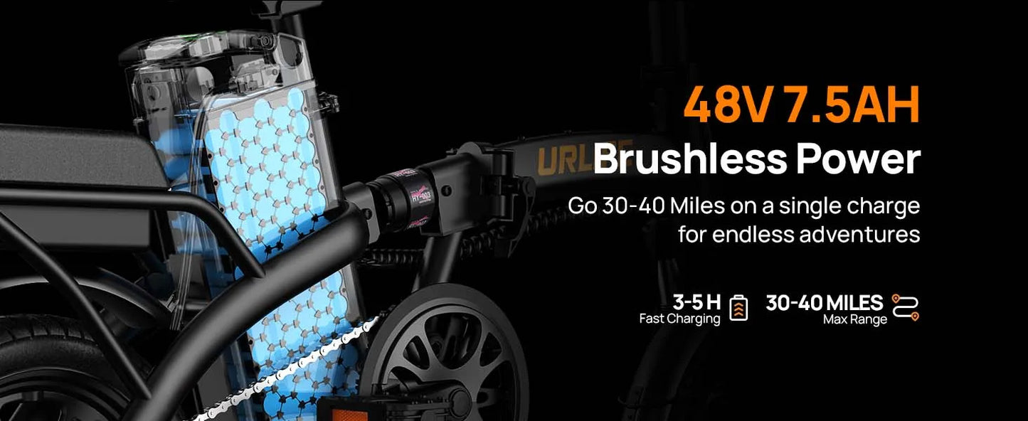 URLIFE 14 Inch Foldable Adult Electric Bike Peak 500W Motor 48V 7.5Ah Removable Battery Up To 40 Miles Range 3H Fast Charging City Commuter Folding Ebike
