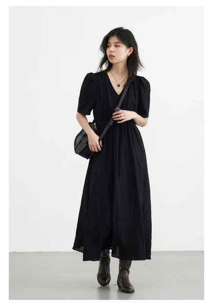 Vintage V-Neck Dress – Women Summer Fashion | White Puff Sleeve, Loose Ankle-Length