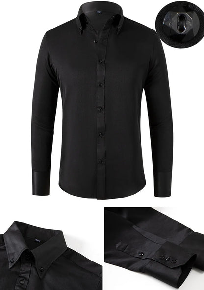 Solid color shirt men's crystal button long sleeved pointed collar light luxury men's business casual men's wear