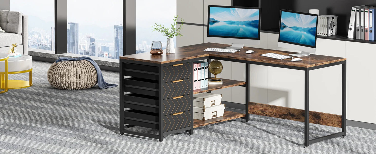 L Shaped Computer Desk - Reversible Corner Office Desk with Drawers & Shelves