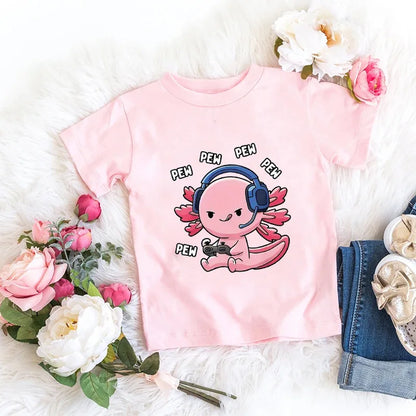 Axolotl Kawaii T Shirt Kid Summer Fashion T Shirt Children Streetwear Boba Axolotl Anime Casual Child Clothing Bithday Tshirts