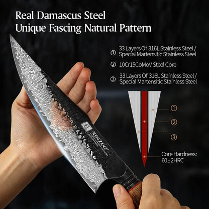 Damascus Knife Set - 67-Layer Steel with White Oak  Red G10 Handles 1-6 Pieces