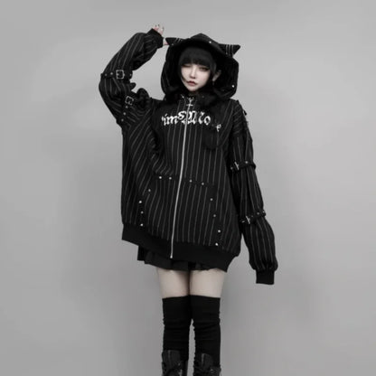Autumn American Vintage Y2K Punk Coat Women Zipper Striped Loose Cat Ear Hoodie Subculture Heavy Craft Street Style Sweatshirt