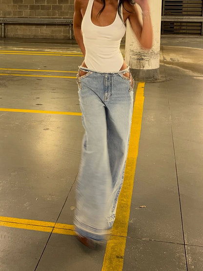 Women Low Waist Jeans Star Rhinestone Pants Cut Out Wide Leg Trousers Light Wash Distressed Denim Pants Street Woman Clothes