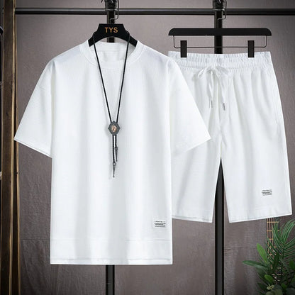 Summer Men's Waffle Sets Casual T-Shirt And Shorts Set Male Sports Suit Solid Color Tracksuit Loose Suits